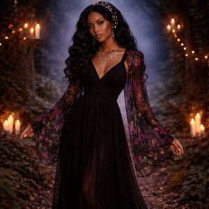 Y2K Whimsigoth Chiffon Babydoll Maxi Prom Dress 2X Romantic Goth Dark Fairycore